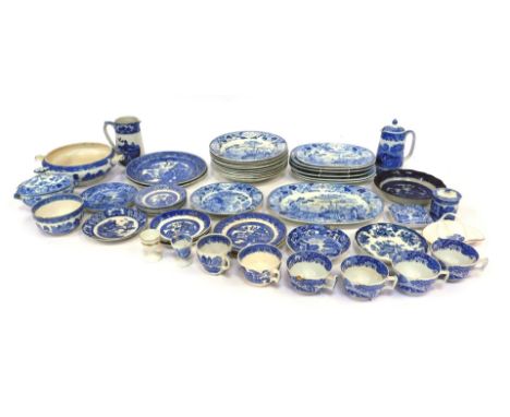 A group of blue and white pottery, to include Spode Italian pattern tea cups, blue and white willow pattern saucers, Wood &am