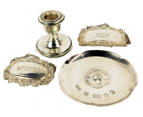 Two modern silver decanter labels and a commemorative dish, the labels for Rum and Whisky, London 1971, and Sheffield 1980, r