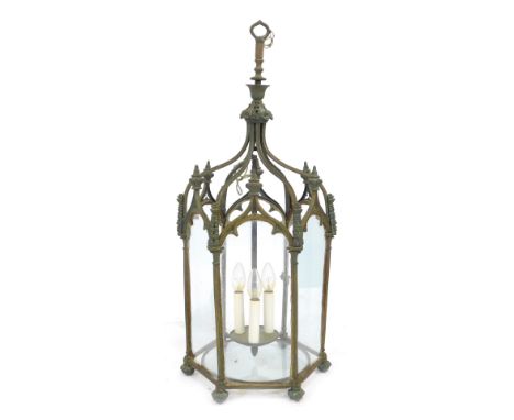 An Edwardian gilt brass Gothic hanging hall lantern, 80cm high.