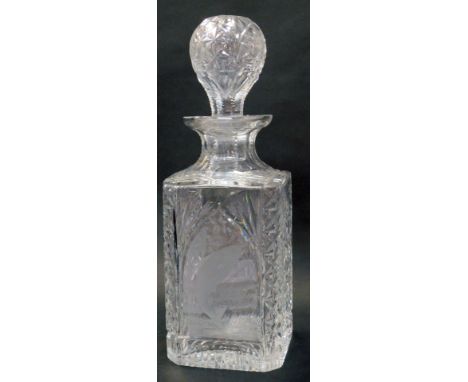 An Edinburgh crystal magnum sized cut glass spirit decanter from the Caledonia Collection, engraved with a leaping salmon, li