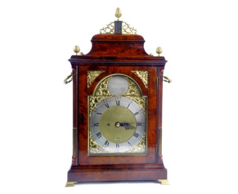 An 18thC mahogany cased bracket clock, with silvered Roman numeric dial, and Arabic minutes counters, date aperture, eight da
