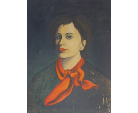 20thC School. Portrait of a lady wearing red neck tie, oil on canvas, unsigned, 66cm x 50cm.