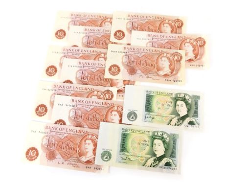 Ten Shilling Bank of England notes, and two One Pound notes, the Ten Shilling notes J S Fford and L K O'Brien, some consecuti