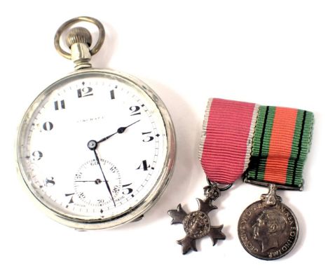 A pocket watch and medal miniatures, comprising an Aircraft Stainless Steel cased pocket watch, with white enamel dial, secon