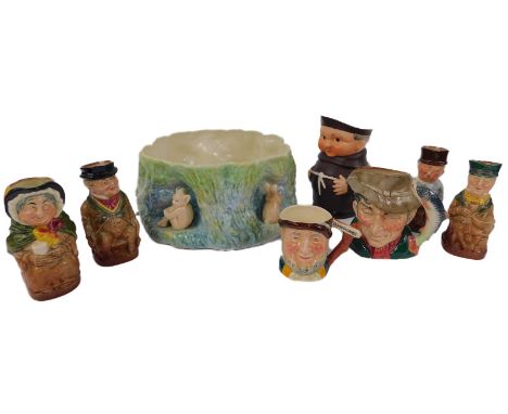 A group of pottery, to include Royal Doulton miniature toby jugs, Royal Doulton character jug modelled as The Poacher RD87520