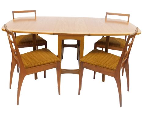 A teak drop leaf table, together with four teak McIntosh Model 9073 ladder back chairs. (5) The upholstery in this lot does n