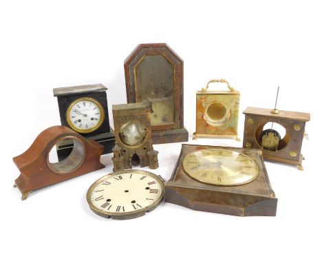 Various clock cases, parts, etc., to include a Victorian black slate mantel clock, circular white enamel dial bearing Roman n