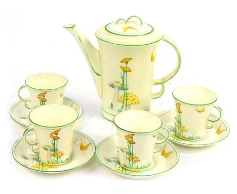 A Royal Stafford porcelain part tea service, decorated with toadstools, butterflies, etc, against a white ground with green l