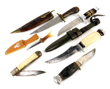 Sheath knives and skinning knife, including a sheath knife with composite handle and alloy pommel and hilt, in Army metal she