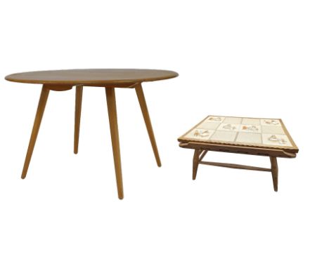 An Ercol elm kitchen table, together with a mid century tile top table, each tile depicting figures in interior scenes, on be