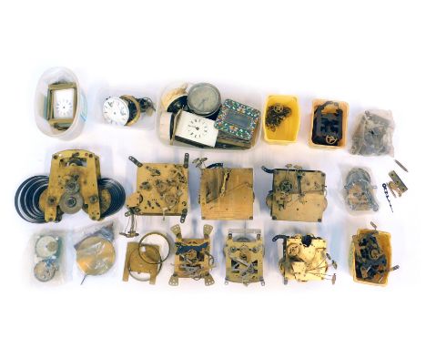 Clock repair related parts, to include movements, enamel dials, cloisonne clock base, various cogs, etc. (a quantity)