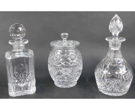 A group of glass ware, comprising a Stuart cut glass decanter, of square form, with stopper, 24cm high, another of globular f