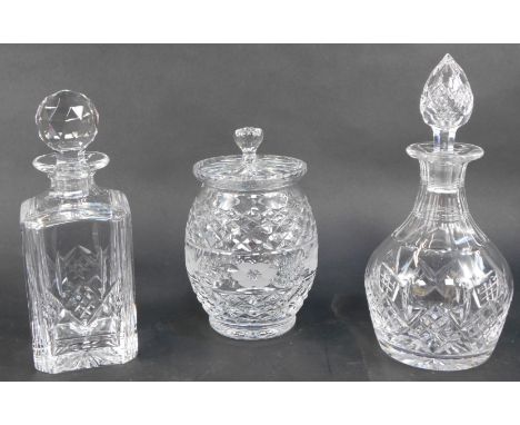 A group of glass ware, comprising a Stuart cut glass decanter, of square form, with stopper, 24cm high, another of globular f