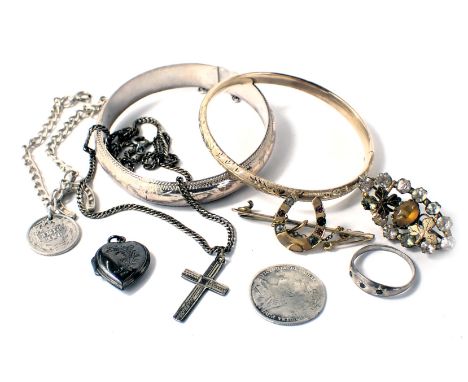 A group of assorted costume and other jewellery, comprising a hinged bangle, with half etched floral design, yellow metal sta