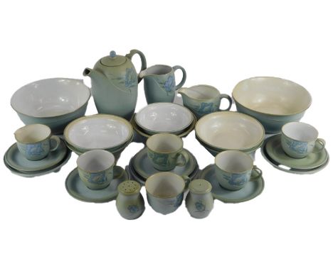 A Denby stoneware part tea and dinner service decorated in the Mandarin pattern, comprising teapot, hot water jug, milk jug, 