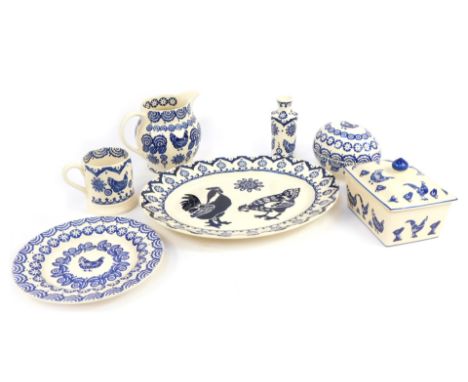 A group of Emma Bridgewater pottery decorated in the blue and white Hen pattern, comprising 1 1/2 pint jug, vase, 14cm high, 