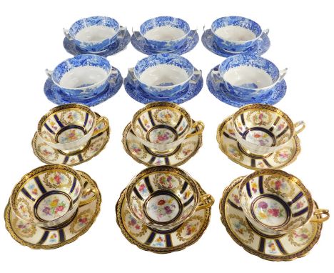 A set of six Copeland Spode Italian pattern two handled soup bowls and saucers, together with six Paragon teacups and saucers
