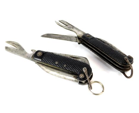 Two WWII British Army jack knives, one with tin opener blade stamped Venture IM Slater? Sheffield, the other stamped Sheffiel
