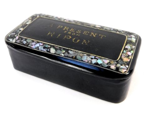 A Victorian black papier mache snuff box, the hinged lid with mother of pearl border, and inscribed centre 'A Present from Ri