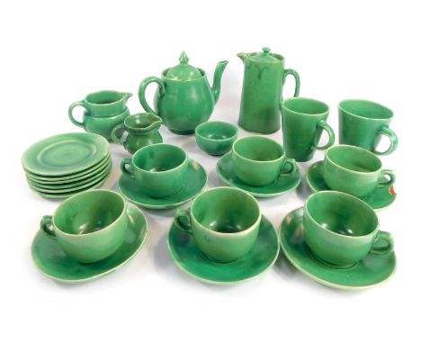 A C H Brannam Ltd Barnstaple studio pottery part tea service, green glaze, to include teapot, hot water jug, various teacups 