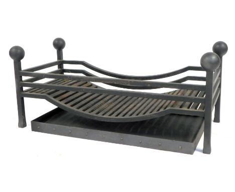 A large wrought iron fire basket or dog grate, and tray, 95cm wide, 42cm deep.