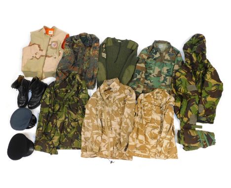A group of Military and other uniform, to include camouflage wear, hat, Army boots, etc. (a quantity)