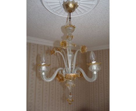 A pair of Venetian blue glass wall lights; a pair of green glass wall lights; and a yellow glass chandelier  OBJECT LOCATION: