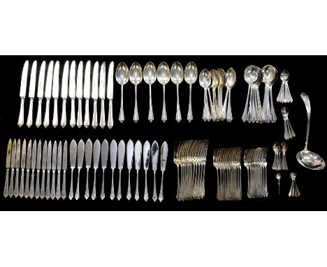 A matched Art Deco silver 12 piece flatware service, hallmarked by WW Ltd, Birmingham, 1930, 1931, 1932 with further modern p