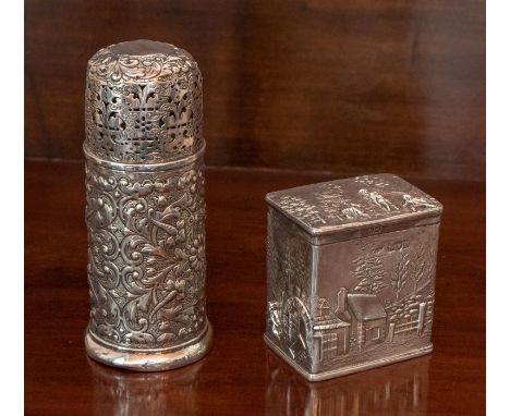 A Victorian silver Tea Caddy, the rectangular box with hinged lid  embossed figures, one on horse, in tree landscape, the sid