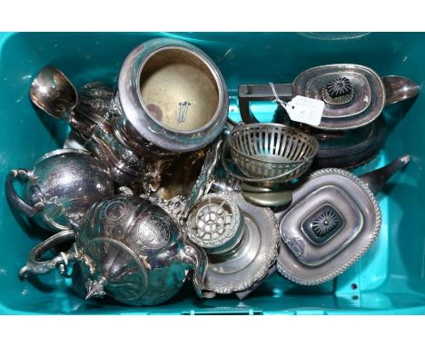 Box of silver plate including: semi-fluted Hotwater Jug, Teapot, a Sucrier  and Jug, Rose Bowl, pedestal Bowl, Basket, three-