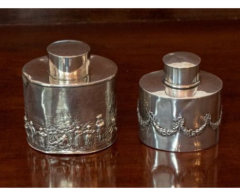 A George V silver oval Tea Caddy with plain lid, the base embossed frieze  of  figures in landscape, Chester 1912, George Nat