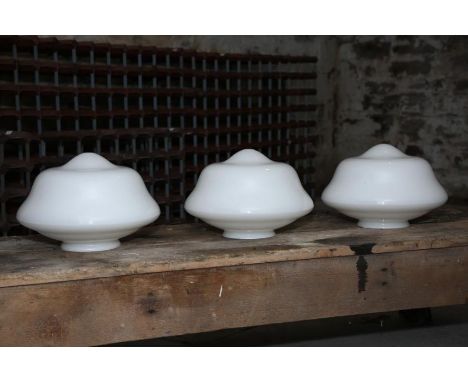 Three semi-opaque white glass lanterns/domes mid 20th century, 34 cm diameter. Seven other glass light shades/lanterns, Edwar