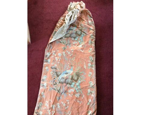 Two pairs of salmon pink silk effect chinoiserie style curtains, lined, approx 75" wide x 83" long (2)