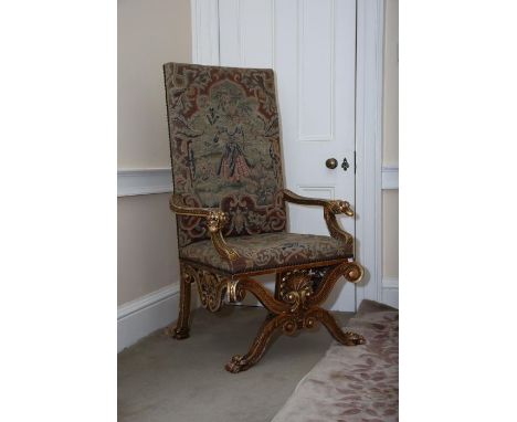 An Italian carved and giltwood armchair in Venetian style, 20th century, with high panel back upholstered in petite and gros-