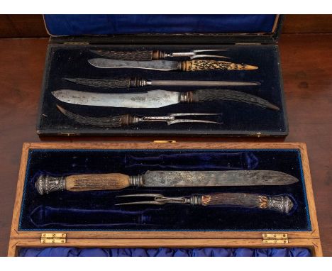 A Victorian Dickinson, Sheffield silver plated horn handled Carving set  comprising two Pairs of Knife and Fork and Sharpener