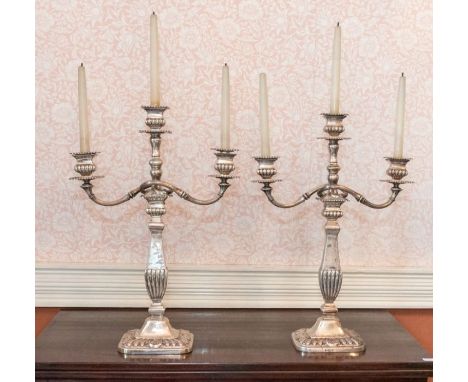 A pair of Edward VII silver three-light Candelabra, each having square section semi-fluted central column, rectangular base w