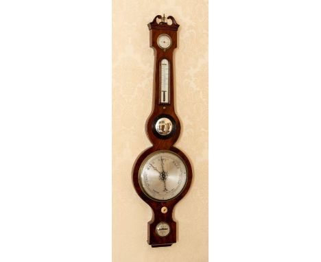 A mahogany banjo barometer with thermometer, 19th century, un-named, with swan neck pediment, 98cm high   Cond: good – small 
