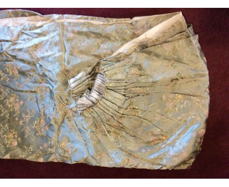 A pair of green floral silk curtains, pink and yellow flowers, approx 86" wide x 80" long