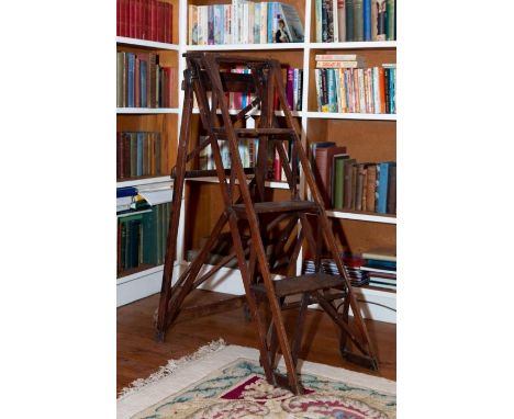 A set of Hatherley patent Lattistep triple-step mahogany library ladders, late 19th century, with Alhathlat Registered mark, 