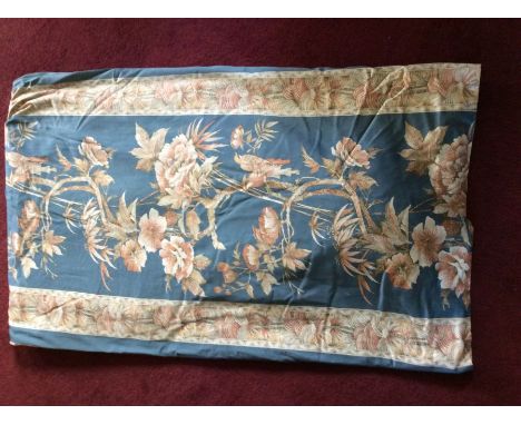 A pair of blue silk effect curtains, chinoiserie style, approx 69" wide x 84" longCOTTAGE 3 (END COTTAGE)