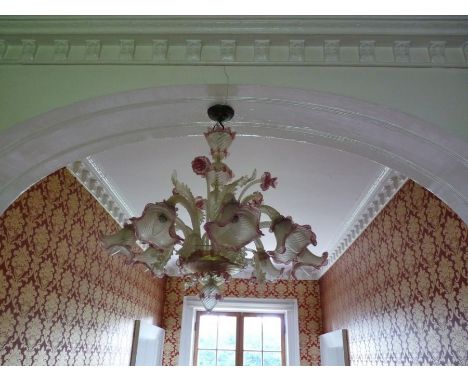 Venetian glass chandelier: Large red and gold flecked from old landing   OBJECT LOCATION: ATTIC 