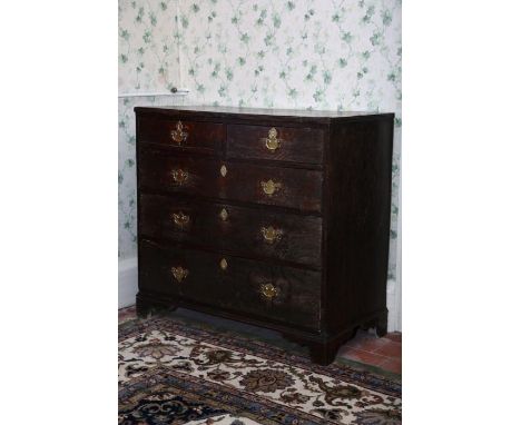 An 18th century oak chest of drawers, of two short and three long draws on bracket feet, 99cm wide a.f   OBJECT LOCATION: SER