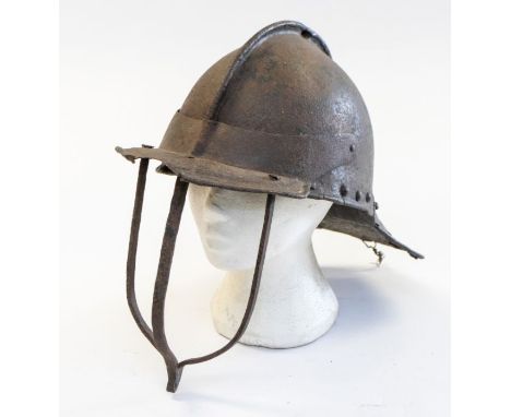 Armour - a rare English Cromwellian period lobster-tail helmet, mid 17th century, with 3 bar face guard, 30.5 (12in) high, tw