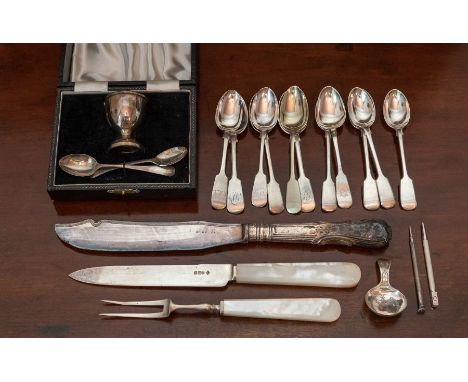 An Elizabeth II silver Egg Cup and Spoon, Birmingham 1973, Lanson &  Co., in case, a Victorian silver Carving Set with mother