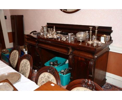 An early Victorian mahogany large twin pedestal sideboard circa 1840-50, with low back panel, the doors with scroll pilasters