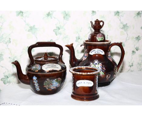A Measham bargeware Home Sweet Home teapot, circa 1880, with domed lid., 30cm high. A kettle “A Present to Mr & Mrs Bullerfie