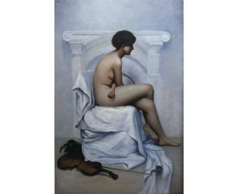 Continental School (20th century): Female Nude with a Viola, oil on canvas indistinctly signed 90cm x 60cm - Condition Report