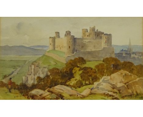 Thomas Swift Hutton (British 1860-1935): Castle on a Rocky Outcrop, watercolour signed 21cm x 35cm - Condition Report 