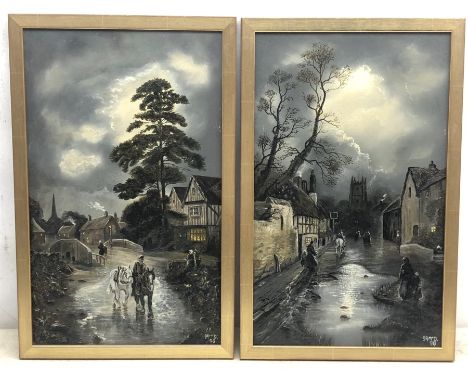 J R McD (19th century): Village scenes by Midnight, pair oils on board signed with initials and dated '98, 47cm x27cm (2)  - 