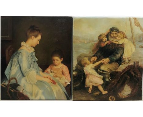 English School (20th century): Fishermen and his Children, oil on canvas unsigned 60cm x 51cm and another textured print of c